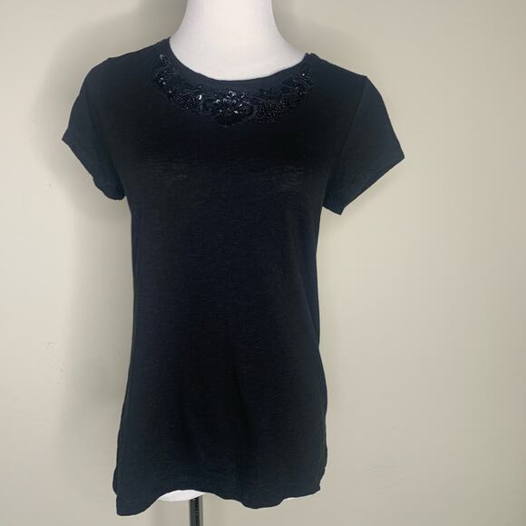 LOFT Black T Shirt Embellished Sequin Bead Front Detail Sz Medium Petite - Picture 1 of 8
